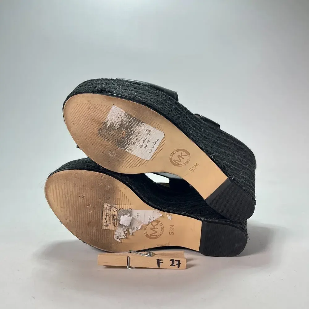 Michael Kors Black Leather Espadrille Platform Wedge Sandals Women's Size 5.5M